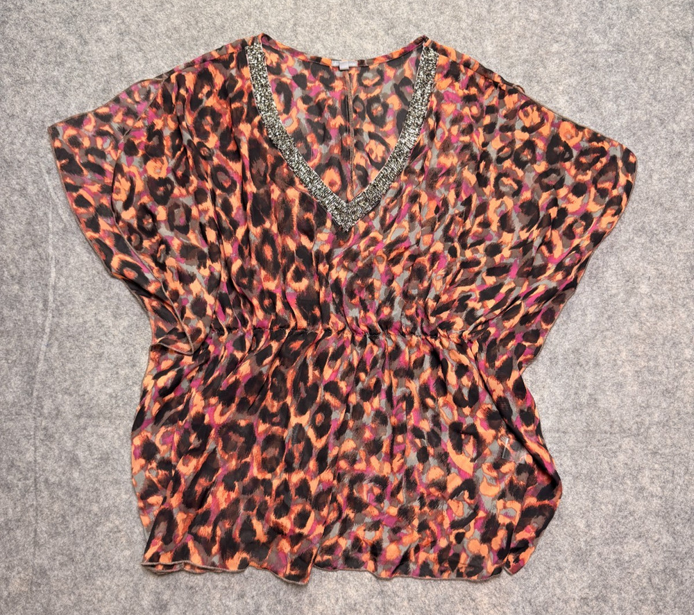 Charlotte Russe Womens M Leopard Kaftan Top Sheer Beaded V Neck Batwing Orange